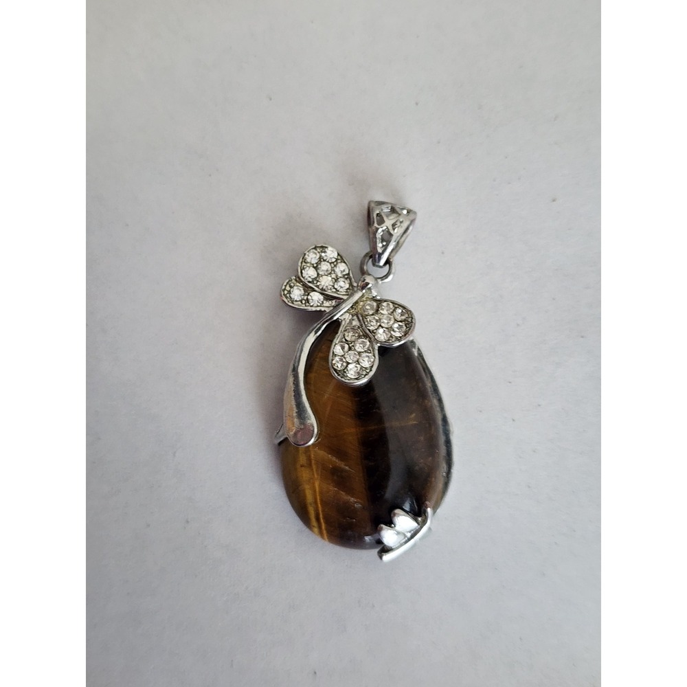 Tigers Eye Butterfly Pendant Silver Tone Crystal Accented Teardrop Stone